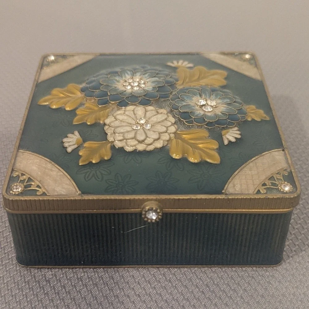 Vintage Enamel Floral Trinket Box Teal Rhinestone Inlay Mirrored Jewelry Case